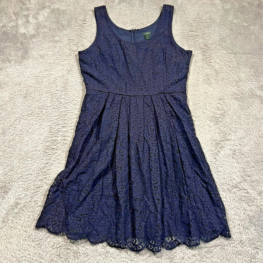 J Crew Dress Fit Flare Sleeveless Blue Swirling Lace Lined Women's 12